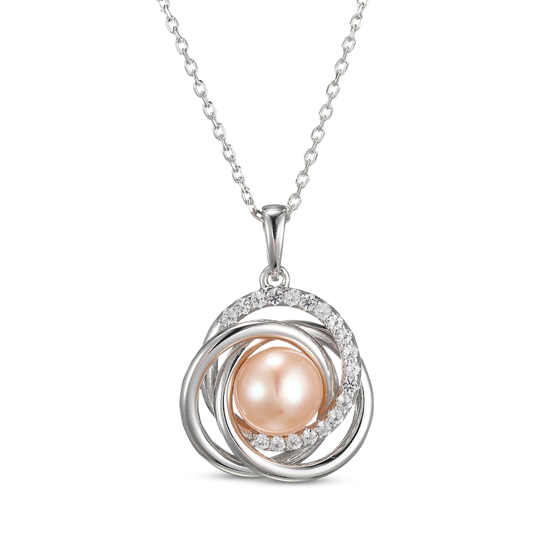 Main Image 1 of Pink Cultured Pearl & White Lab-Created Sapphire Circles Necklace Sterling Silver 18&quot;