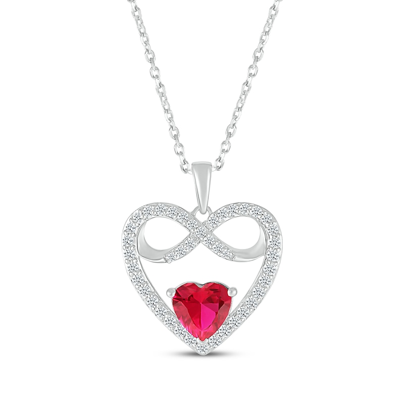 Main Image 1 of Heart-Shaped Lab-Created Ruby & White Lab-Created Sapphire Infinity Heart Necklace Sterling Silver 18&quot;