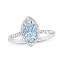 Marquise-Cut Aquamarine & Diamond Halo Ring 1/4 ct tw 14K White Gold