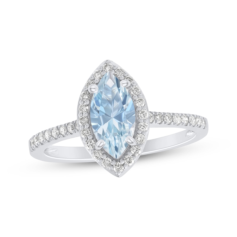 Main Image 1 of Marquise-Cut Aquamarine & Diamond Halo Ring 1/4 ct tw 14K White Gold