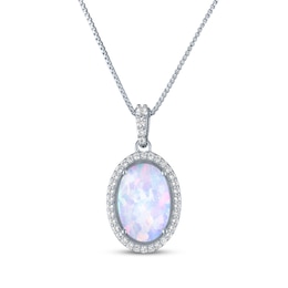 Oval-Cut Lab-Created Opal & White Lab-Created Sapphire Necklace Sterling Silver 18&quot;