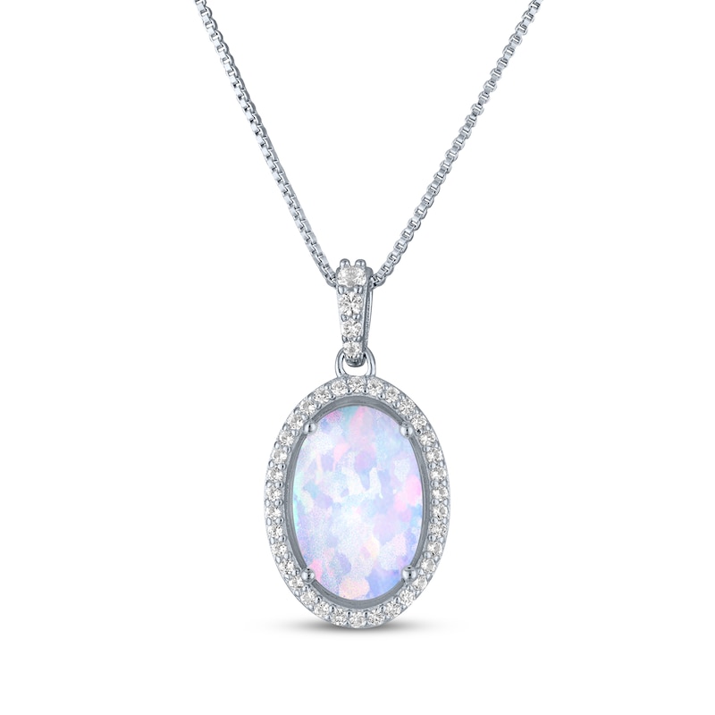 Main Image 1 of Oval-Cut Lab-Created Opal & White Lab-Created Sapphire Necklace Sterling Silver 18&quot;