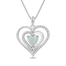 Heart-Shaped Opal & White Lab-Created Sapphire Double Heart Necklace Sterling Silver 18&quot;