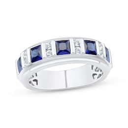 Men's Square-Cut Blue Lab-Created Sapphire & White Lab-Created Sapphire Fashion Ring Sterling Silver