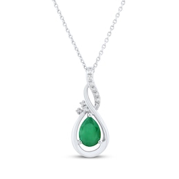 Pear-Shaped Natural Emerald & Diamond Accent Swirl Drop Necklace 10K White Gold