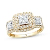 Thumbnail Image 1 of Princess-Cut Diamond Three-Stone Cushion Halo Ring 1 ct tw 10K Yellow Gold