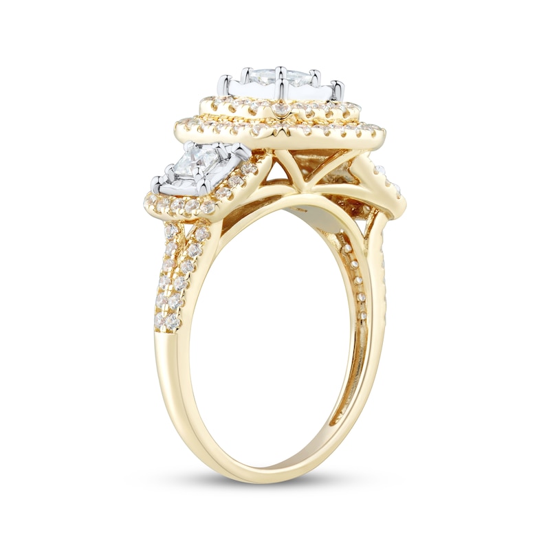 Main Image 2 of Princess-Cut Diamond Three-Stone Cushion Halo Ring 1 ct tw 10K Yellow Gold