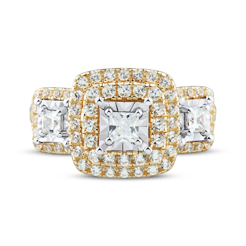 Main Image 3 of Princess-Cut Diamond Three-Stone Cushion Halo Ring 1 ct tw 10K Yellow Gold