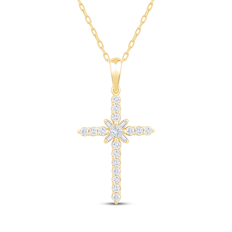 Main Image 1 of Princess, Baguette & Round-Cut Diamond Sunburst Cross Necklace 1/3 ct tw 10K Yellow Gold 18&quot;