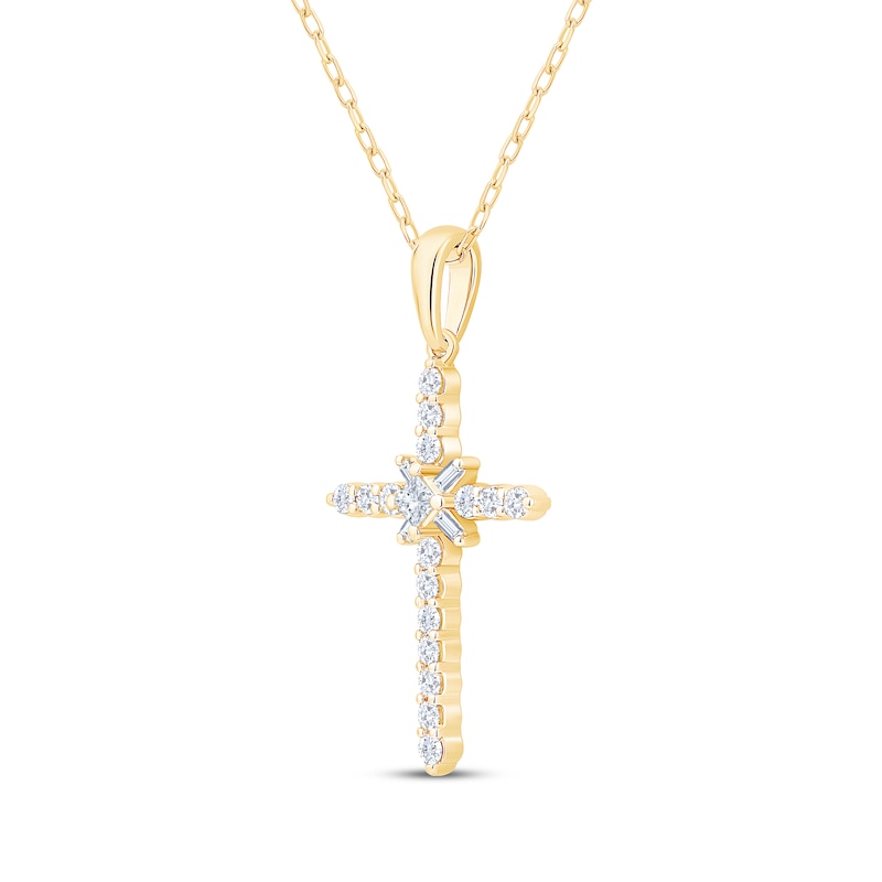 Main Image 2 of Princess, Baguette & Round-Cut Diamond Sunburst Cross Necklace 1/3 ct tw 10K Yellow Gold 18&quot;