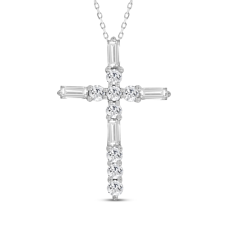 Main Image 1 of Baguette & Round-Cut Diamond Cross Necklace 1/4 ct tw 10K White Gold 18&quot;