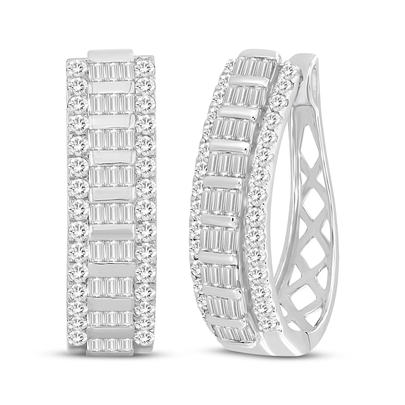 Main Image 1 of Baguette & Round-Cut Diamond Oval Hoop Earrings 1-1/2 ct tw 10K White Gold