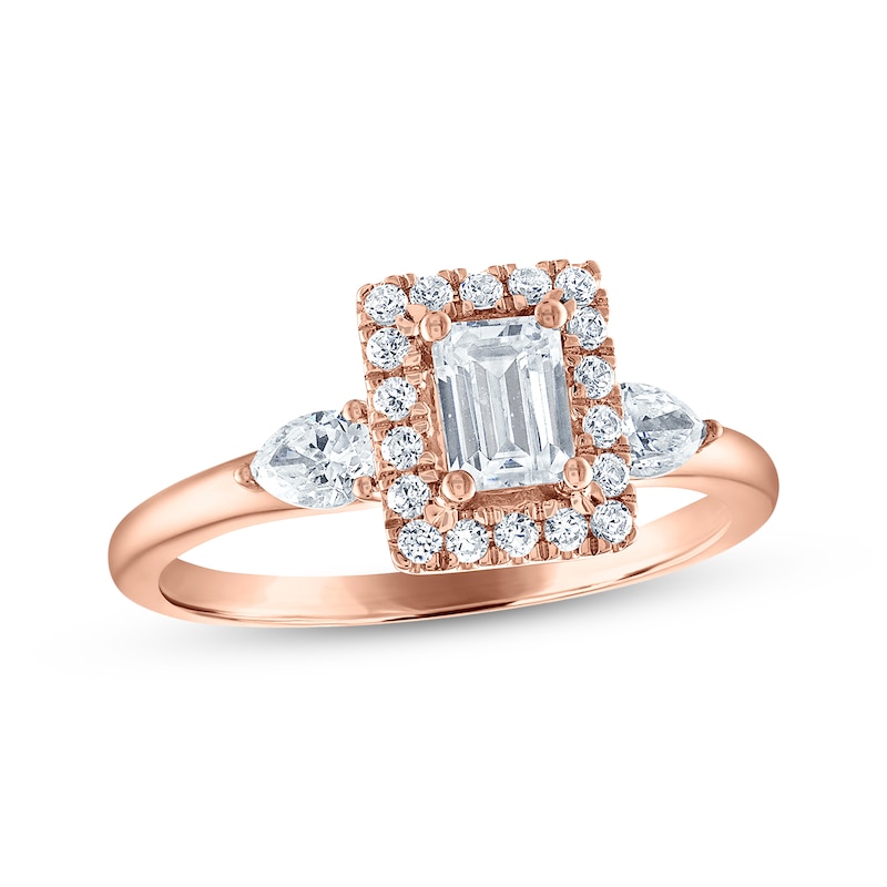 Main Image 1 of Emerald-Cut Diamond Halo Engagement Ring 1 ct tw 14K Rose Gold