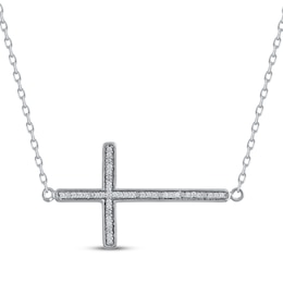 Diamond Sideways Cross Necklace 1/10 ct tw Sterling Silver 18&quot;