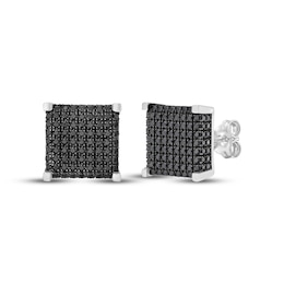 Men's Black Multi-Diamond Square Stud Earrings 1 ct tw Sterling Silver