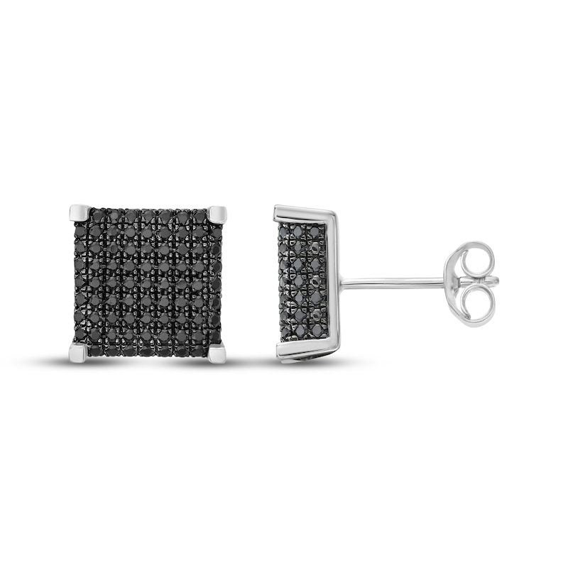 Main Image 3 of Men's Black Multi-Diamond Square Stud Earrings 1 ct tw Sterling Silver