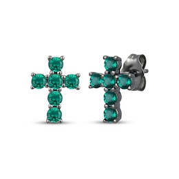 Men's Lab-Created Emerald Cross Stud Earrings Gunmetal Ion-Plated Sterling Silver