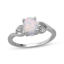 Oval-Cut Lab-Created Opal & White Lab-Created Sapphire Ring Sterling Silver