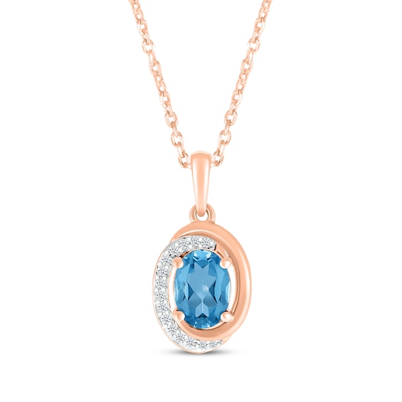 Oval-Cut Swiss Blue Topaz & Diamond Swirl Necklace 1/20 ct tw 10K Rose Gold 18"
