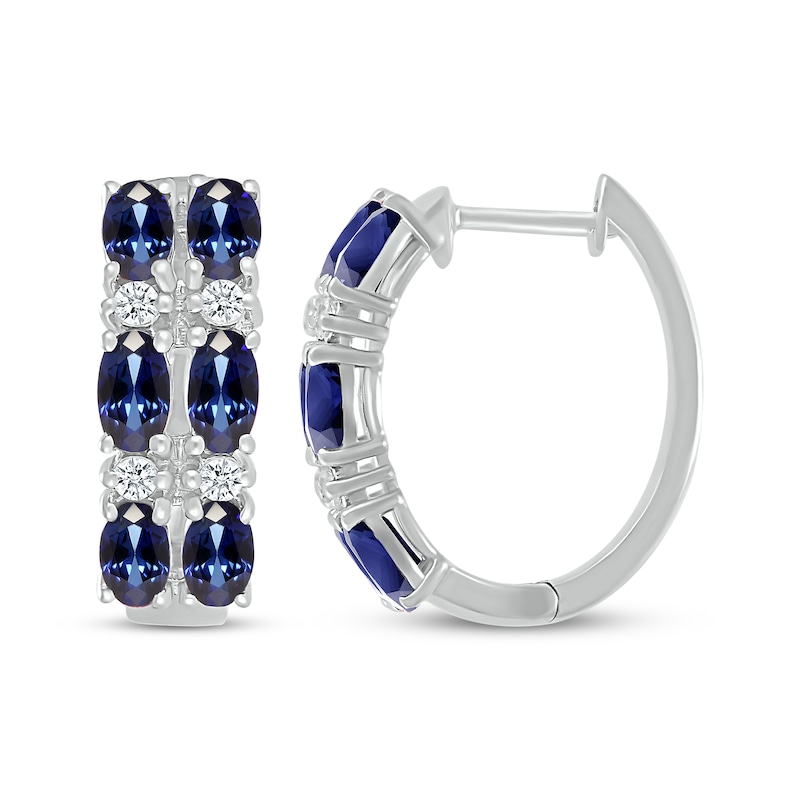 Main Image 3 of Oval-Cut Blue Lab-Created Sapphire & White Lab-Created Sapphire Hoop Earrings Sterling Silver