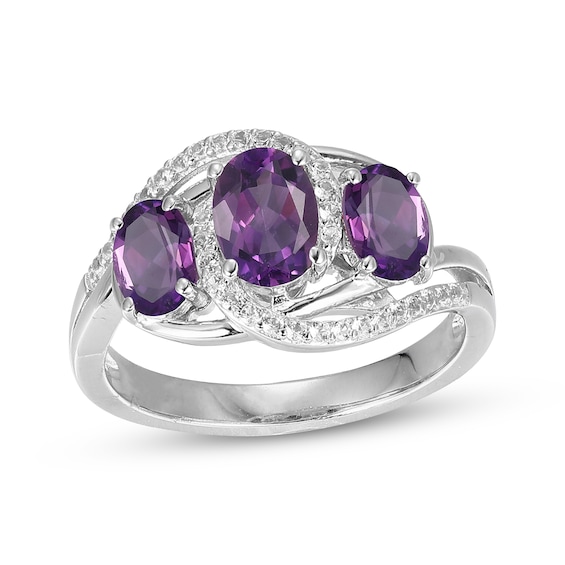 Oval-Cut Amethyst & White Lab-Created Sapphire Three-Stone Bypass Ring Sterling Silver