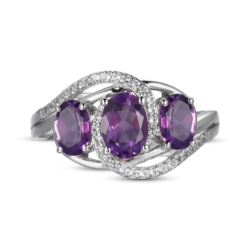 Main Image 3 of Oval-Cut Amethyst & White Lab-Created Sapphire Three-Stone Bypass Ring Sterling Silver