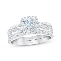 THE LEO First Light Diamond Round-Cut Cushion Halo Bridal Set 7/8 ct tw 14K White Gold