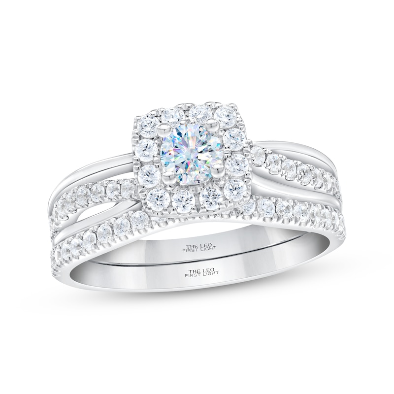 Main Image 1 of THE LEO First Light Diamond Round-Cut Cushion Halo Bridal Set 7/8 ct tw 14K White Gold