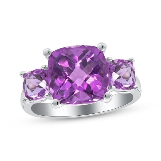 Cushion-Cut Amethyst Three-Stone Ring Sterling Silver