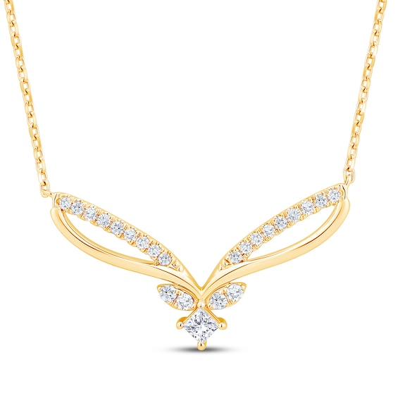 Princess & Round-Cut Diamond Chevron Necklace 1/4 ct tw 10K Yellow Gold 19"