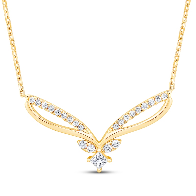 Main Image 1 of Princess & Round-Cut Diamond Chevron Necklace 1/4 ct tw 10K Yellow Gold 19&quot;