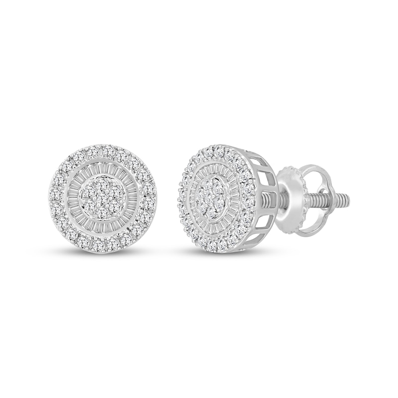 Main Image 1 of Baguette & Round-Cut Multi-Diamond Circle Halo Stud Earrings 3/4 ct tw 10K White Gold