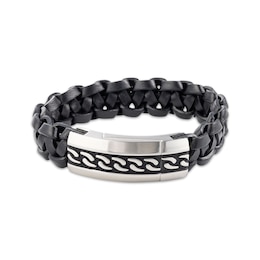 Men's Black Leather Bracelet Stainless Steel 8.5&quot;