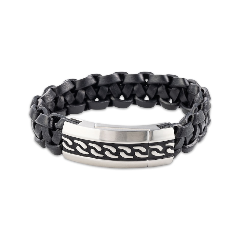 Main Image 1 of Men's Black Leather Bracelet Stainless Steel 8.5&quot;