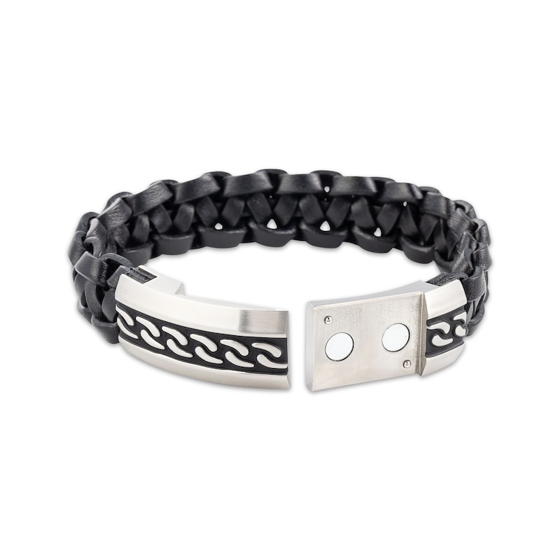 Main Image 2 of Men's Black Leather Bracelet Stainless Steel 8.5&quot;