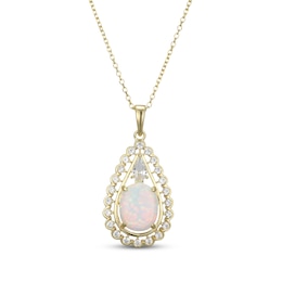 Oval-Cut Lab-Created Opal & White Lab-Created Sapphire Teardrop Necklace 18K Yellow Gold-Plated Sterling Silver 18&quot;