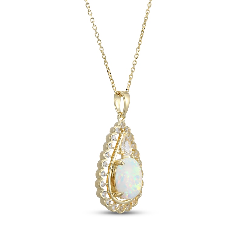 Main Image 2 of Oval-Cut Lab-Created Opal & White Lab-Created Sapphire Teardrop Necklace 18K Yellow Gold-Plated Sterling Silver 18&quot;