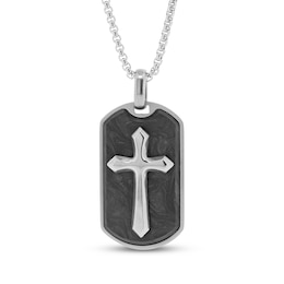 Men's Cross Dog Tag Necklace Carbon Fiber & Stainless Steel 24&quot;