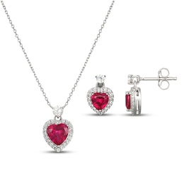 Heart-Shaped Lab-Created Ruby & White Lab-Created Sapphire Gift Set Sterling Silver