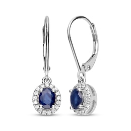 Oval-Cut Blue Sapphire & Diamond Halo Dangle Earrings 1/8 ct tw 10K White Gold