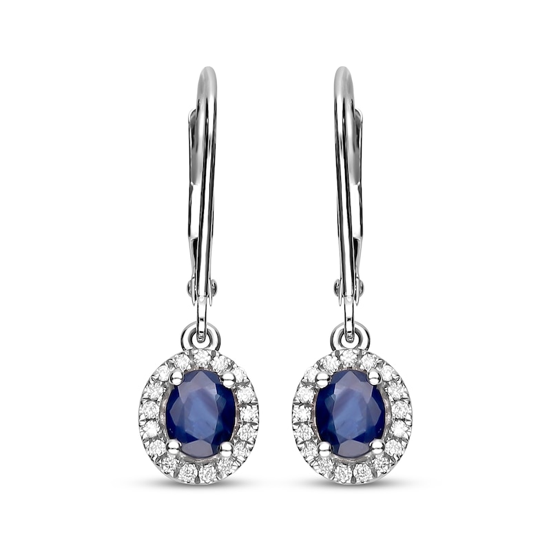 Main Image 2 of Oval-Cut Blue Sapphire & Diamond Halo Dangle Earrings 1/8 ct tw 10K White Gold