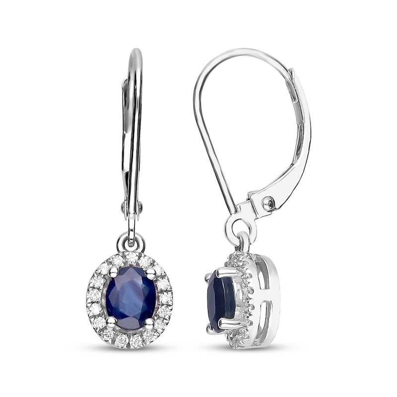 Main Image 3 of Oval-Cut Blue Sapphire & Diamond Halo Dangle Earrings 1/8 ct tw 10K White Gold