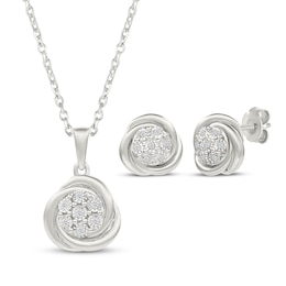 Multi-Diamond Twist Circle Necklace & Earrings Gift Set 1/10 ct tw Sterling Silver