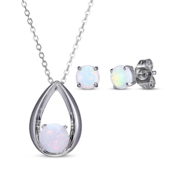 Round-Cut Lab-Created Opal Necklace & Stud Earrings Gift Set Sterling Silver 18&quot;