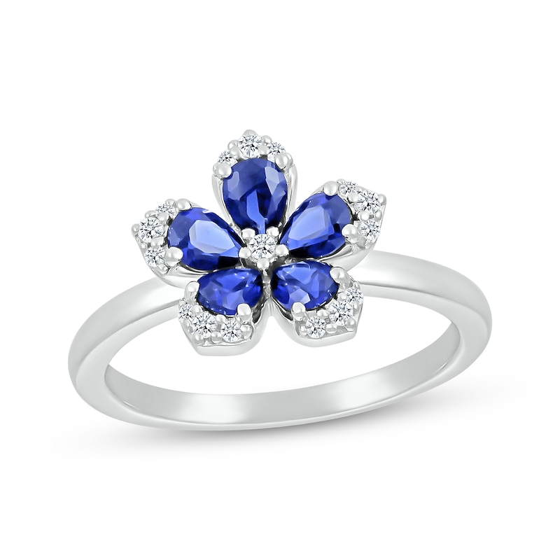 Main Image 1 of Pear-Shaped Blue Lab-Created Sapphire & Round-Cut White Lab-Created Sapphire Flower Ring Sterling Silver