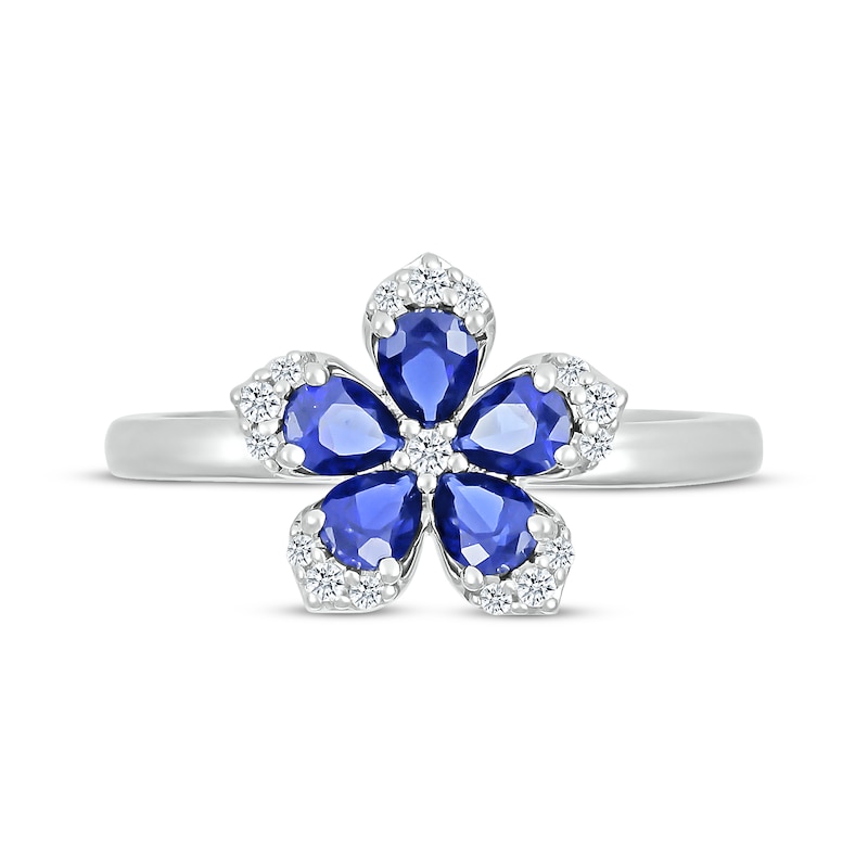 Main Image 4 of Pear-Shaped Blue Lab-Created Sapphire & Round-Cut White Lab-Created Sapphire Flower Ring Sterling Silver