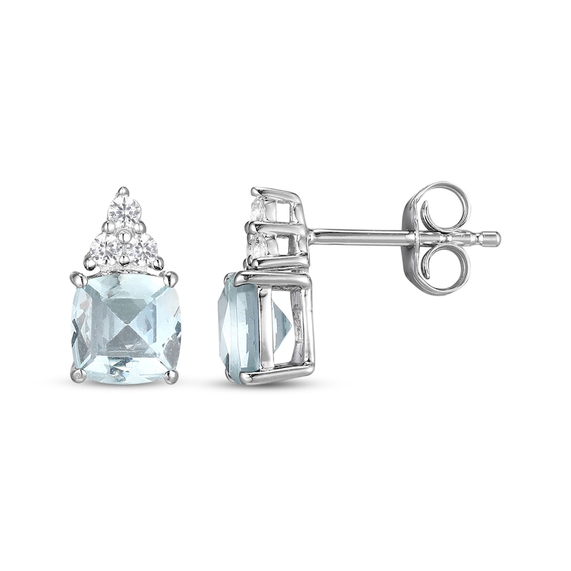 Main Image 3 of Cushion-Cut Aquamarine & White Lab-Created Sapphire Stud Earrings Sterling Silver