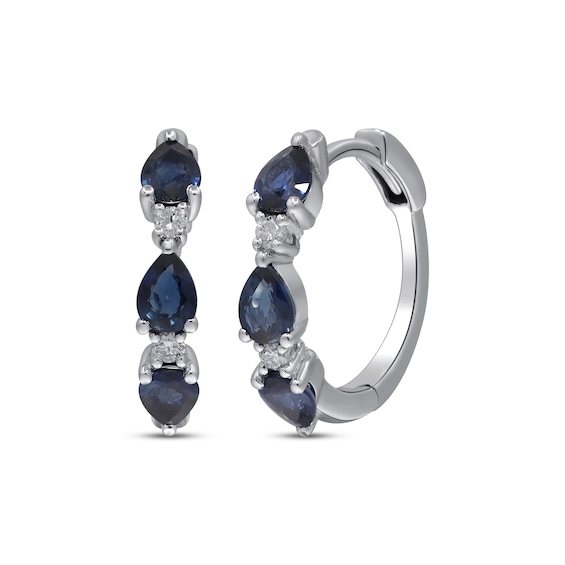 Pear-Shaped Blue Sapphire & Diamond Hoop Earrings 1/15 ct tw 14K White Gold