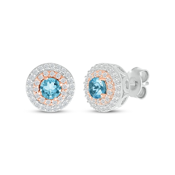 Swiss Blue Topaz & Diamond Stud Earrings 1/3 ct tw Sterling Silver & 10K Rose Gold