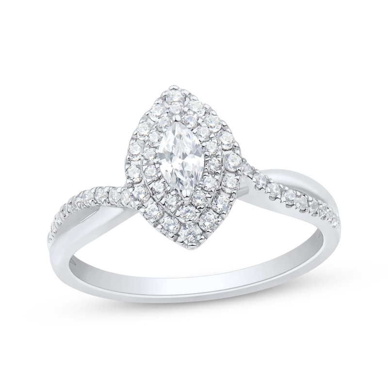 Main Image 1 of Marquise-Cut Diamond Double Halo Engagement Ring 1/2 ct tw 14K White Gold